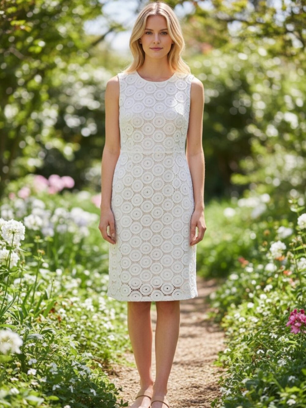 Jessica Howard Crochet Lined Off White Ecru Shift Dress Size 10